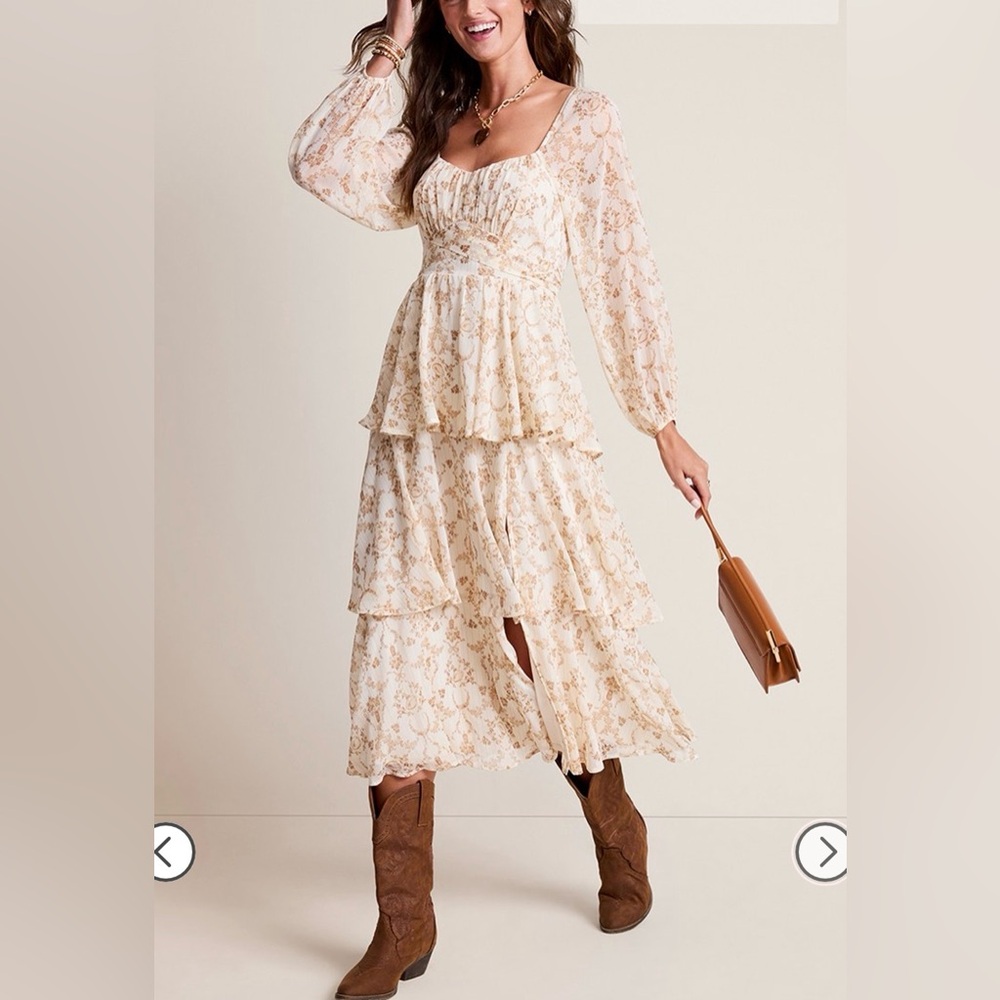 Francesca's Cream Floral Long Sleeve Dress